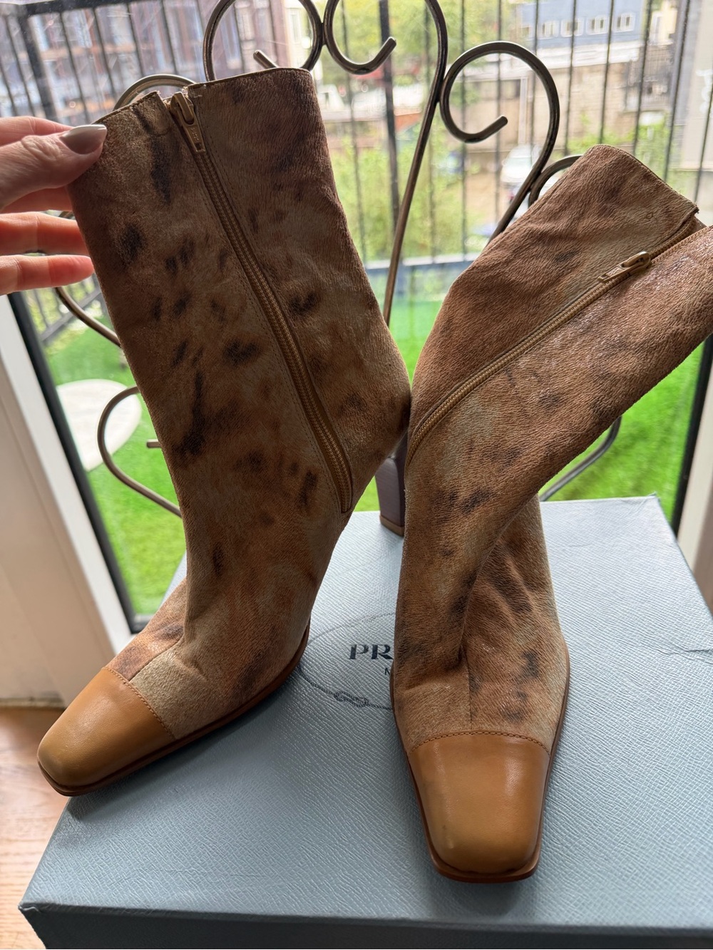 Milano Two-Tone Brown Suede and Tan Leather Mid-Calf Heeled Boots